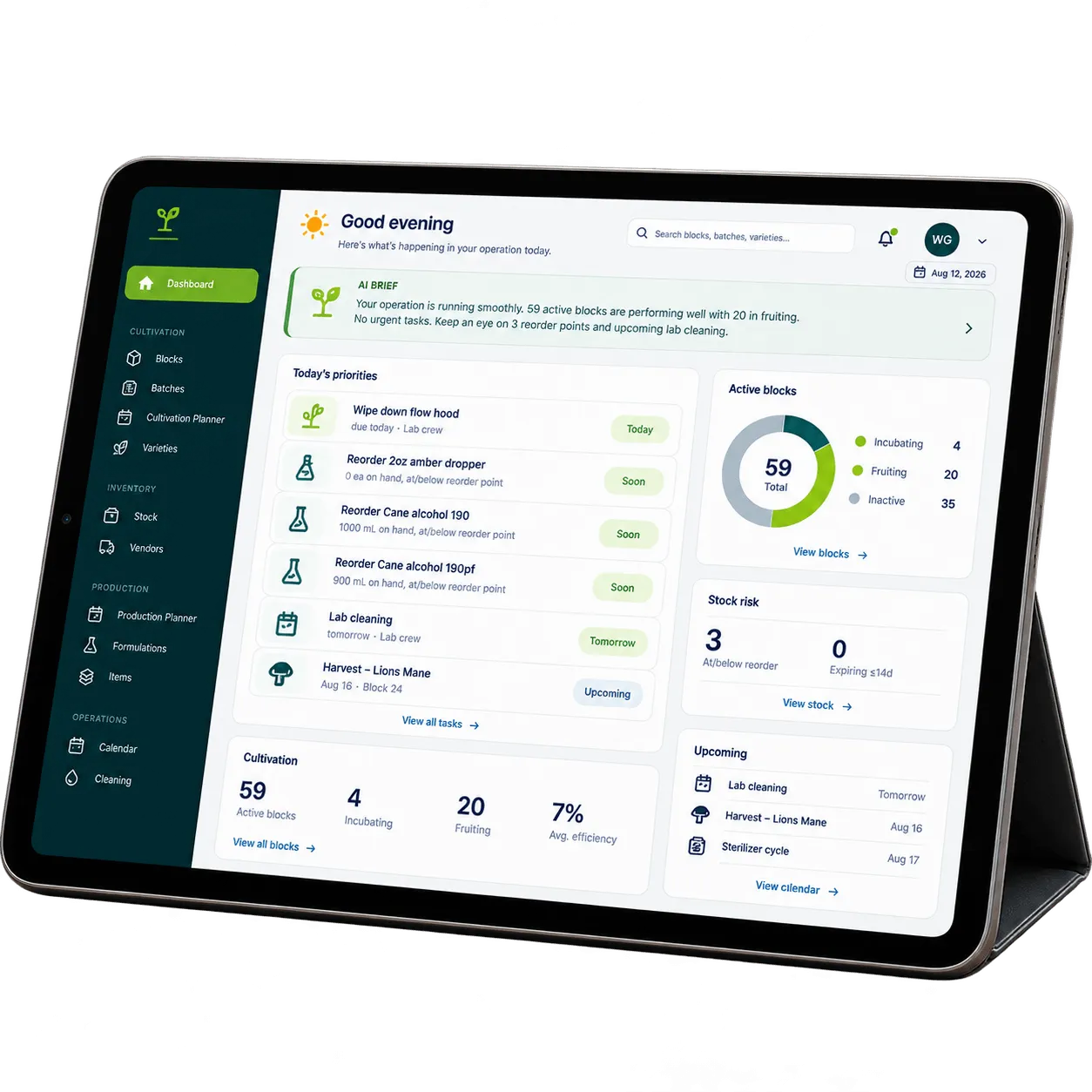 A tablet showing the GrowGrid dashboard — an AI brief, today's priorities, active blocks by stage, stock risk, and upcoming tasks.